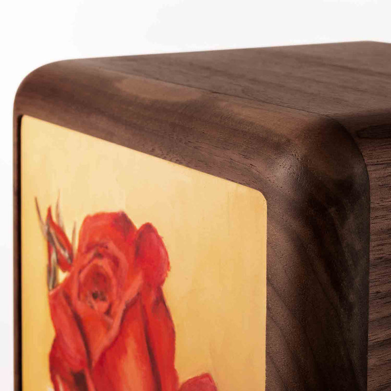 Red Rose Cremation Urn for Ashes in Walnut Right Angle