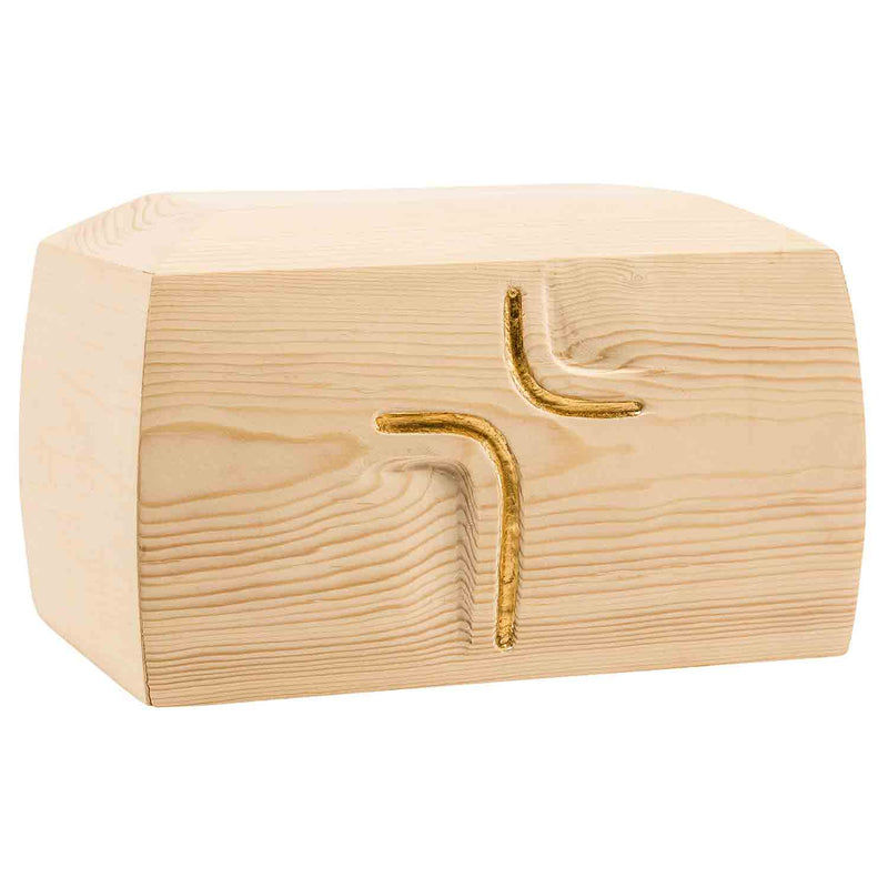 Simply Cross Cremation Urn for Ashes in Spurce Wood with Gold