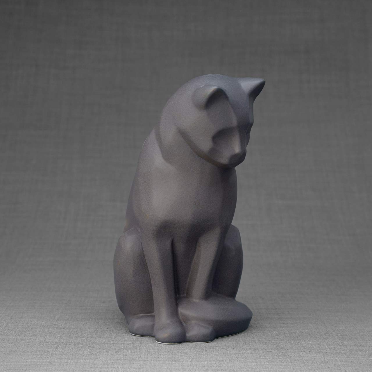 Sitting Cat Cremation Urn For Ashes Matte Grey Front View Looking Right