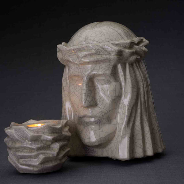 The Christ Cremation Urn and Keepsake Urn in Crackle Glaze Dark Background