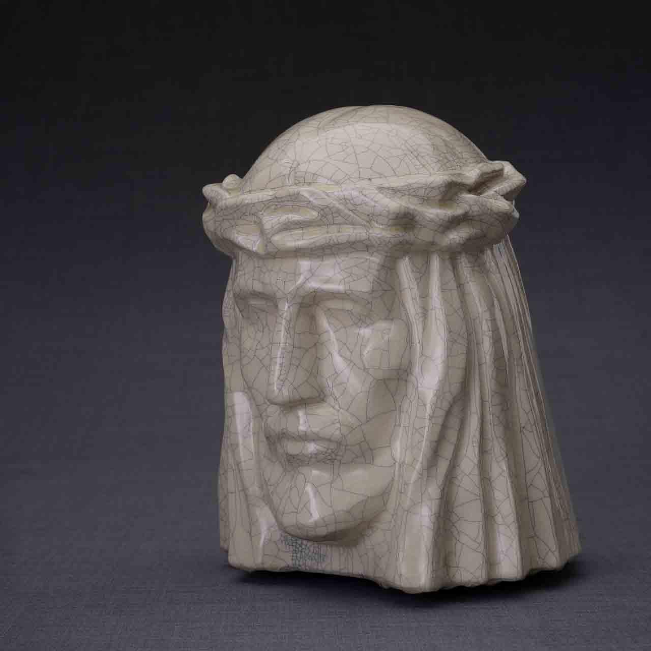 The Christ Cremation Urn for Ashes in Crackle Glaze Turned Left Dark Background