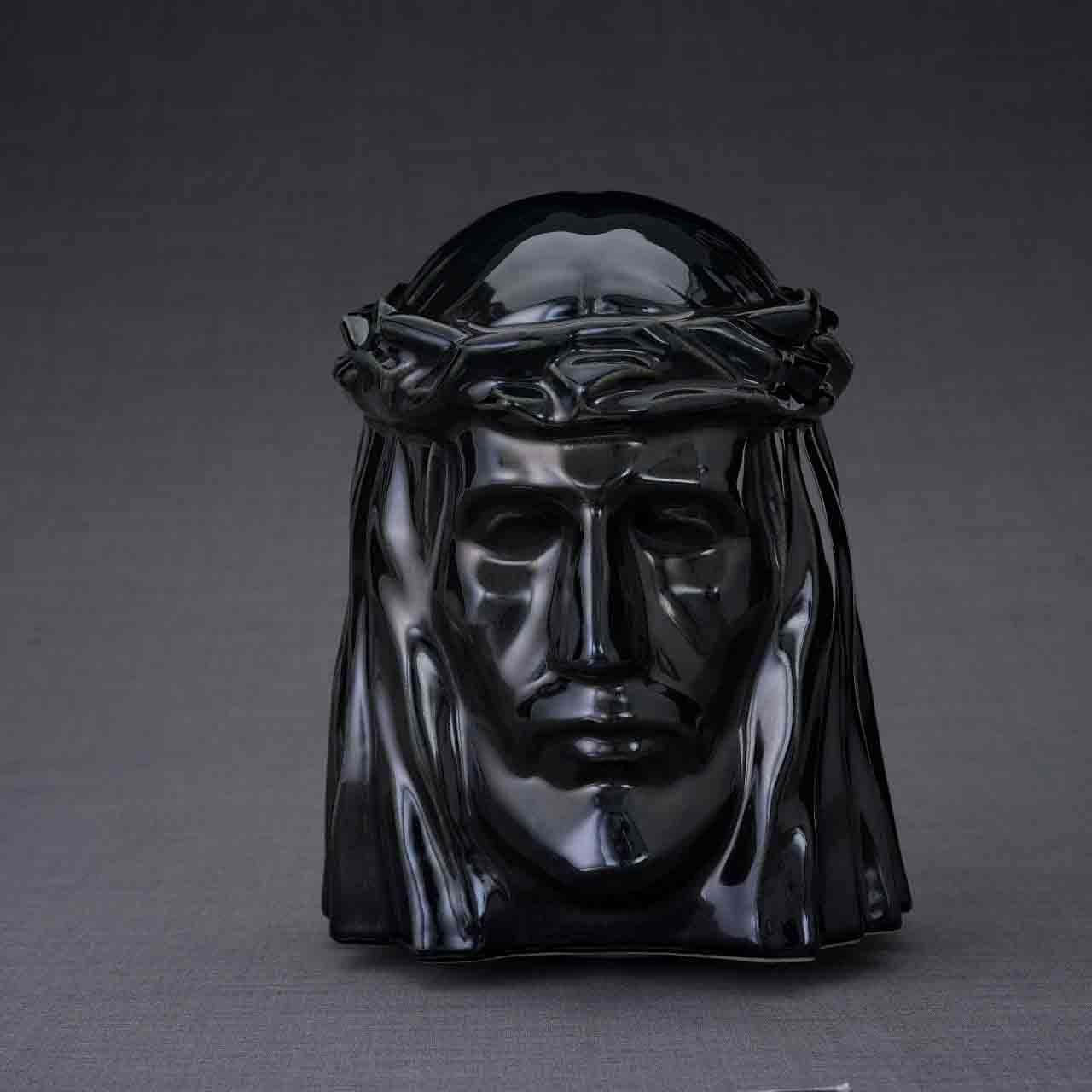 The Christ Cremation Urn for Ashes in Glossy Black Dark Background