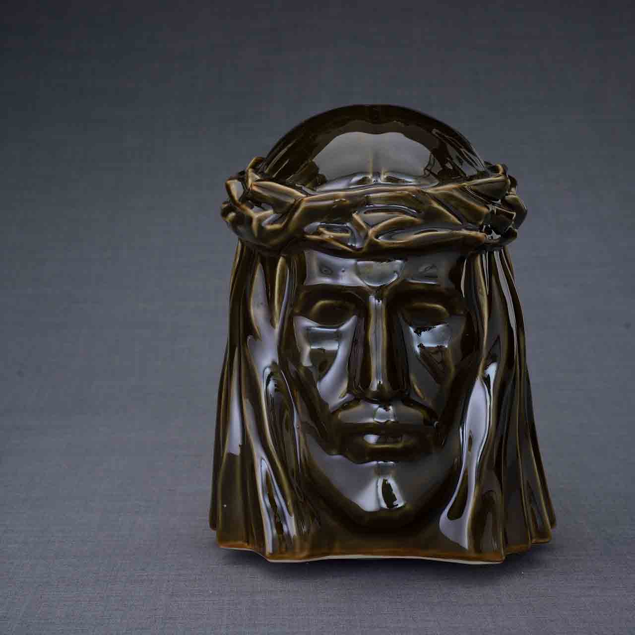 The Christ Cremation Urn for Ashes in Oily Brown Dark Background