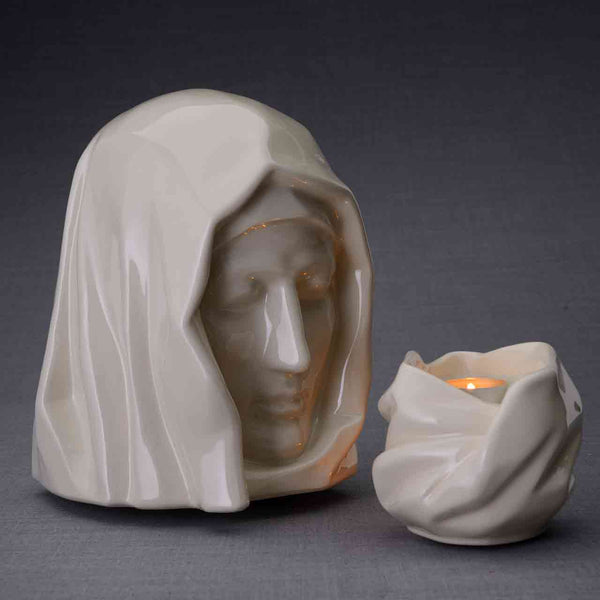 The Holy Mother Cremation Urn and Ashes Keepsake Urn in Cream Dark Background
