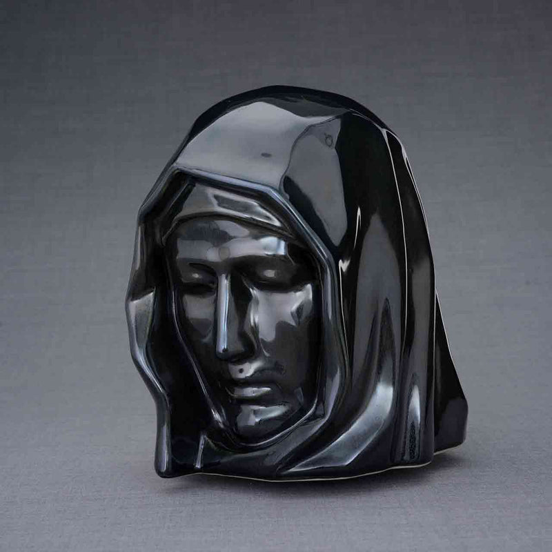 The Holy Mother Cremation Urn for Ashes in Glossy Black Turned Left Dark Background
