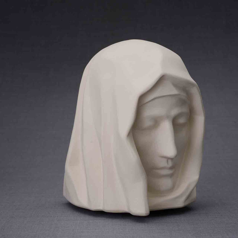 The Holy Mother Cremation Urn for Ashes in Matte White Turned Right Dark Background