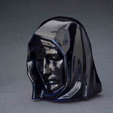 The Holy Mother Cremation Urn for Ashes in Metallic Blue Turned Left Dark Background