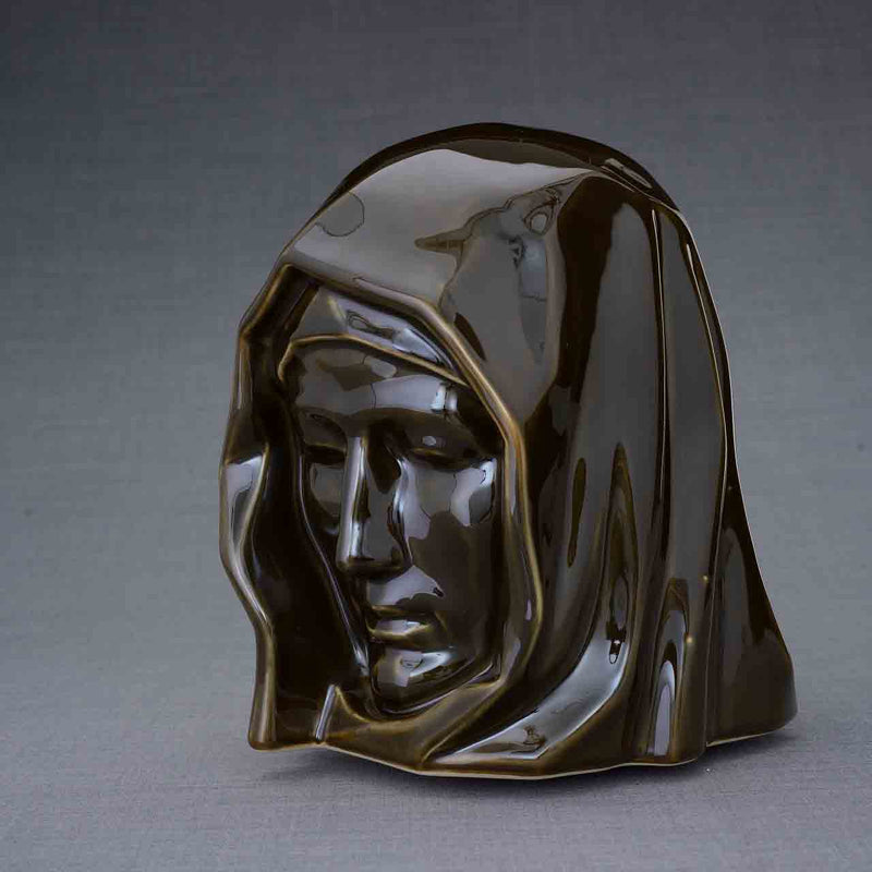 The Holy Mother Cremation Urn for Ashes in Oily Brown Turned Left Dark Background