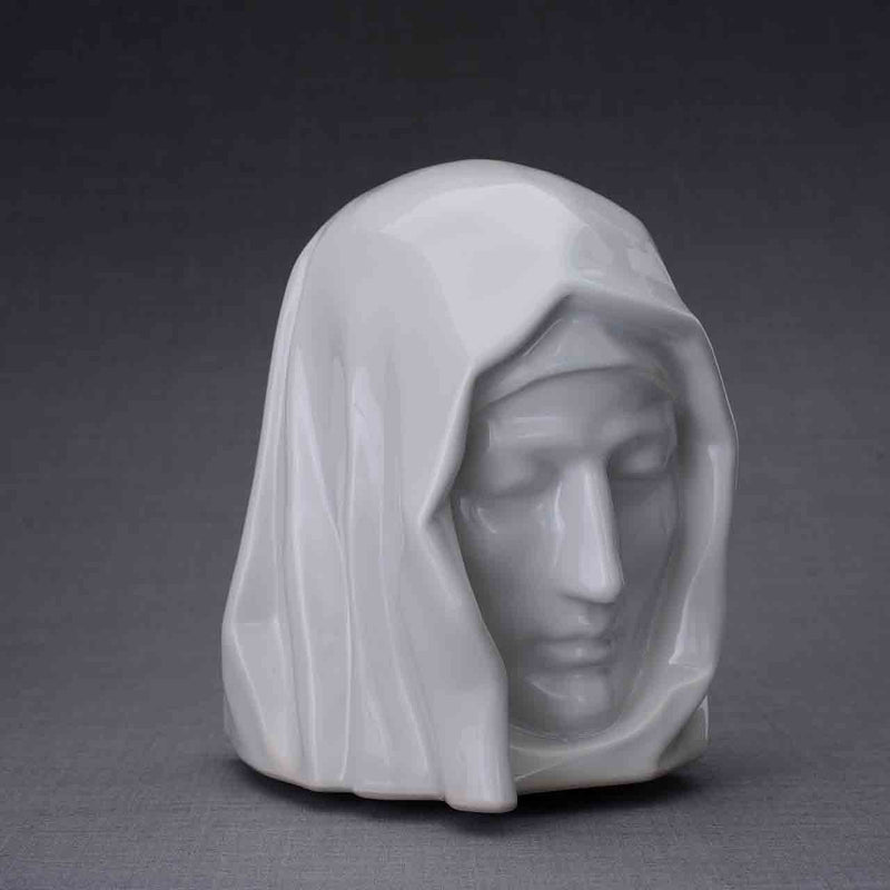 The Holy Mother Cremation Urn for Ashes in White Turned Right Dark Background