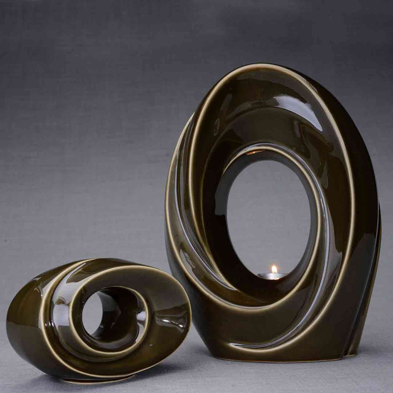 The Passage Cremation Urn and Ashes Keepsake Urn in Oily Brown with Dark Background