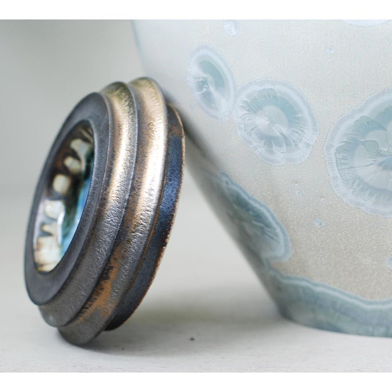 White Calcite Cremation Urn for Ashes - Adult Close up Lid Off