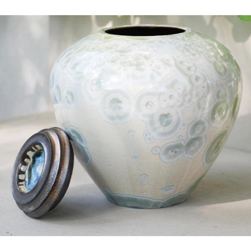White Calcite Cremation Urn for Ashes - Adult Lid Off Front View