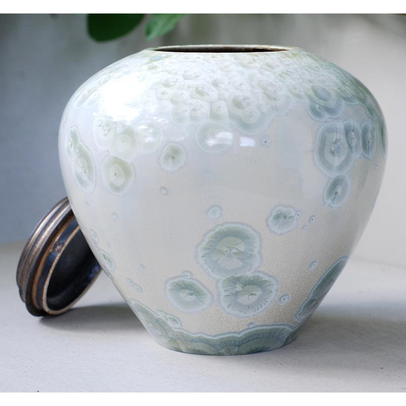 White Calcite Cremation Urn for Ashes - Adult Lid Off Rotated View