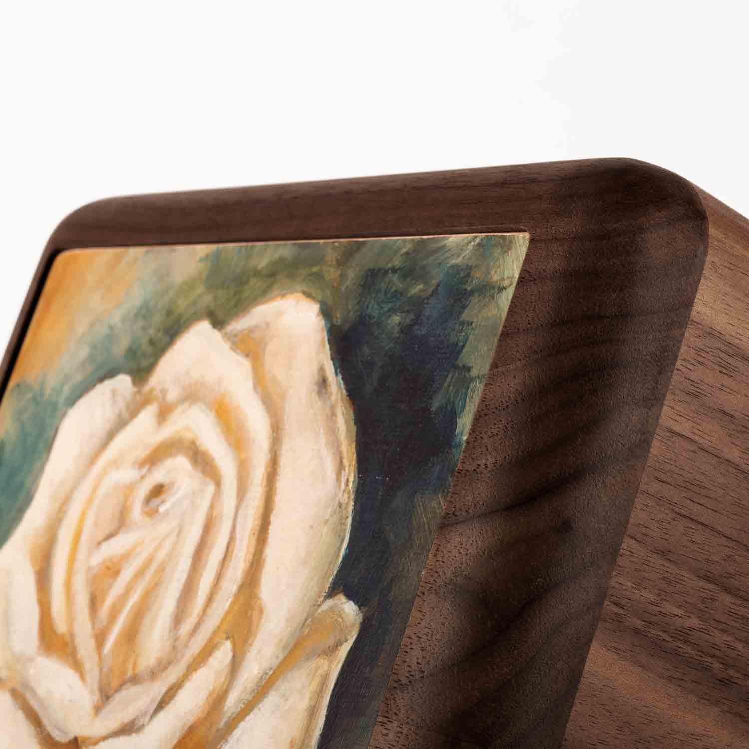 White Rose Cremation Urn for Ashes in Walnut Top Angle