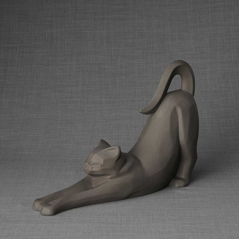 Stretching Cat Urn For Ashes Matte Grey Front Left
