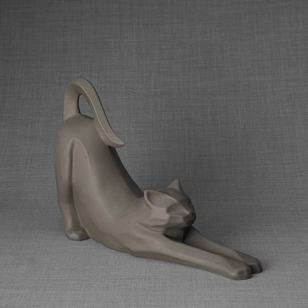 Stretching Cat Urn For Ashes Matte Grey  Front Right