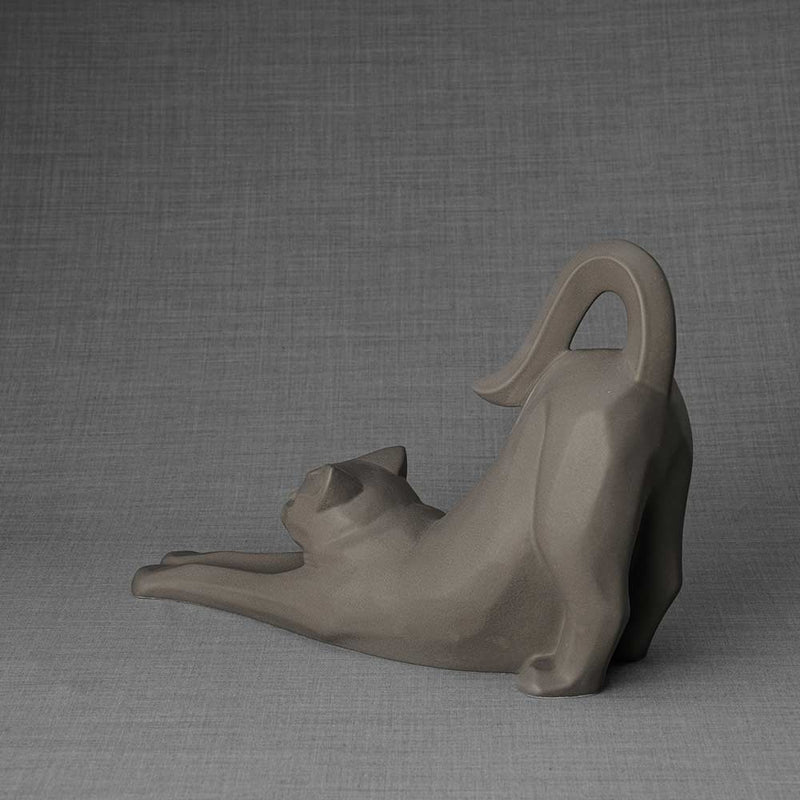 Stretching Cat Urn For Ashes Matte Grey Back Left