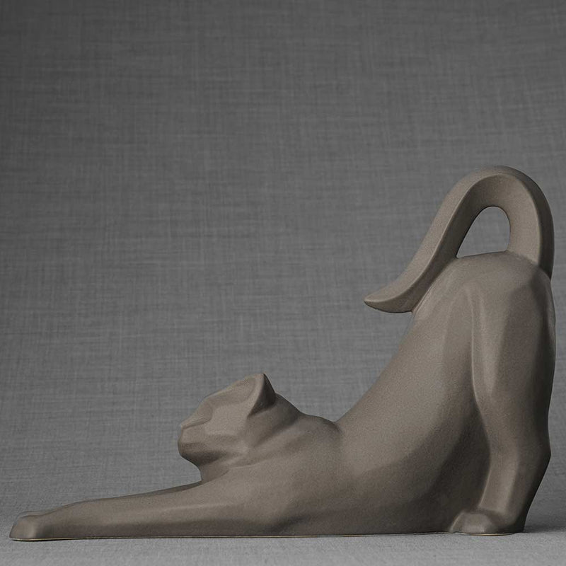 Stretching Cat Urn For Ashes Matte Grey Left