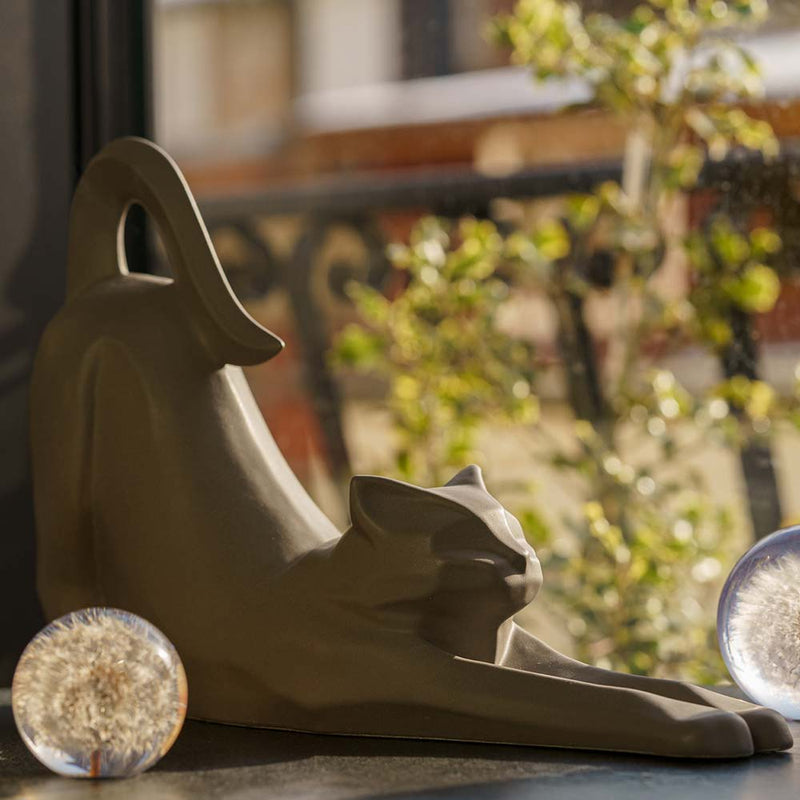 Stretching Cat Urn For Ashes Matte Grey On Table Front Right More