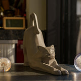 Stretching Cat Urn For Ashes Matte Grey On Table Front Right