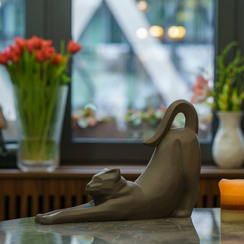 Stretching Cat Urn For Ashes Matte Grey On Table Left