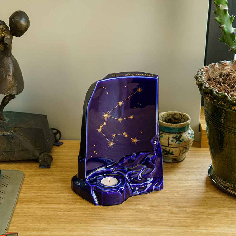 zodiac star sign adult cremation urn for ashes range aquarius on desk zoomed in