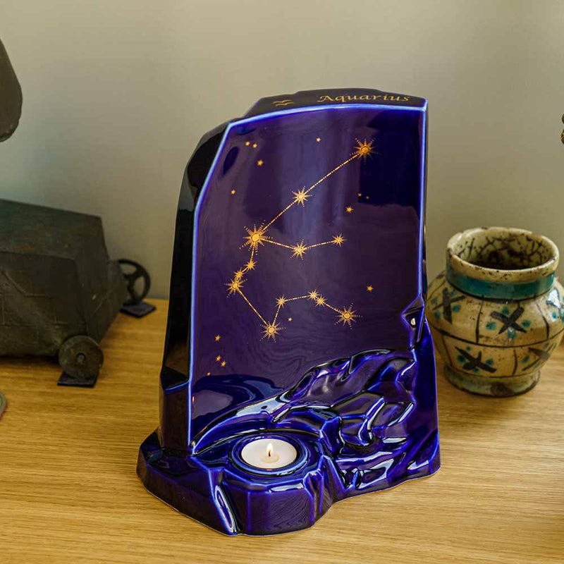 zodiac star sign adult cremation urn for ashes range aquarius on desk zoomed out
