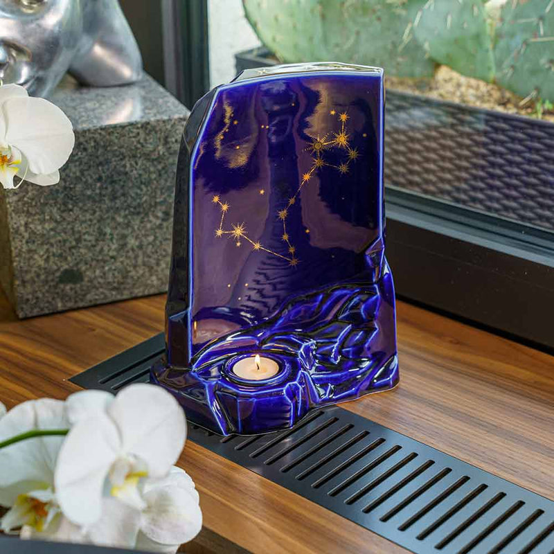 zodiac star sign adult cremation urn for ashes range aquarius pisces on window shelf