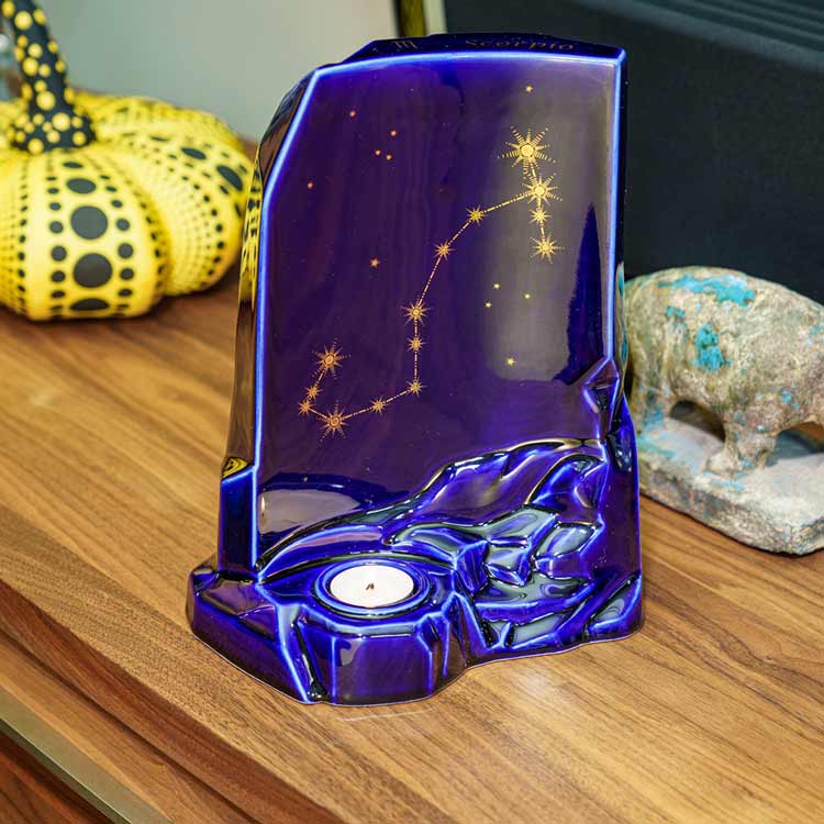 zodiac star sign adult cremation urn for ashes range scorpio on shelf